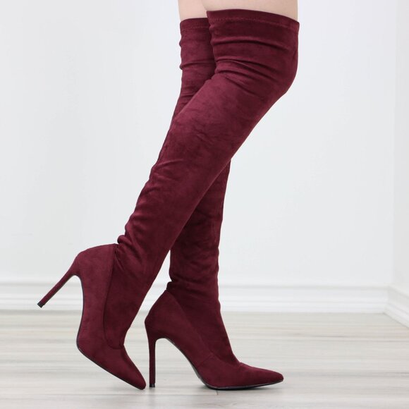 Burgundy Over-the-Knee Boots Pointed Toe Faux Suede Stiletto Heel - Picture 5 of 15